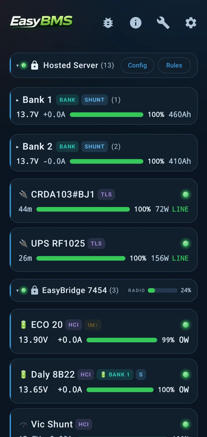 The EasyBMS Android app dashboard: a hosted server, battery banks, UPS units, a connected EasyBridge, and per-device state of charge.